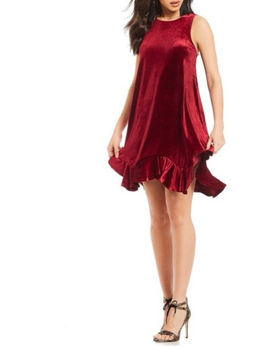 Gianni Bini Burgundy Velvet Ruffle Hem Swing Dress Holiday Party Small Festive